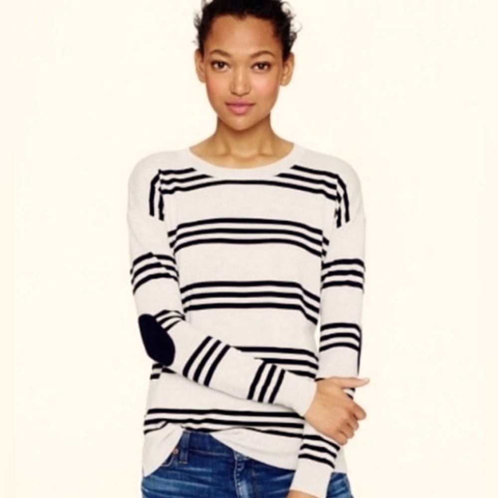 J.CREW Triple Stripe Elbowpatch Merino Crew Neck Sweater Size M